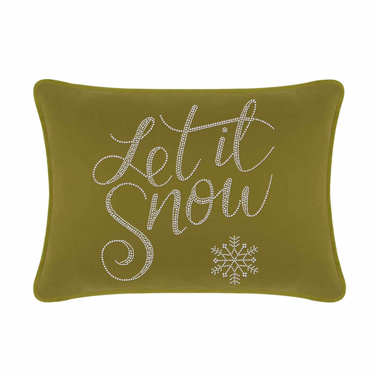 Olive velvet pillow with "Let it Snow" in glass rhinestones and a snowflake design on a plush surface.