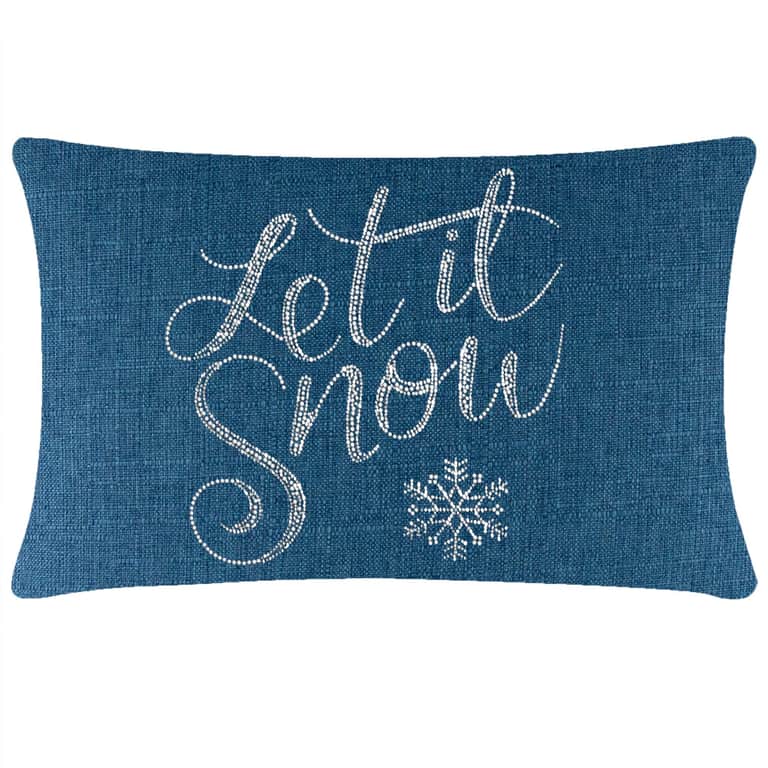 Rectangular blue textured pillow with "Let it Snow" in silver rhinestones and a white snowflake design.
