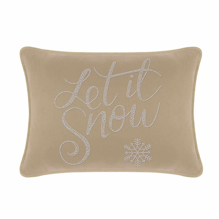 Taupe&#x20;velvet&#x20;pillow&#x20;with&#x20;glass&#x20;rhinestones&#x20;featuring&#x20;the&#x20;phrase&#x20;&quot;Let&#x20;it&#x20;Snow&quot;&#x20;and&#x20;a&#x20;snowflake&#x20;design.