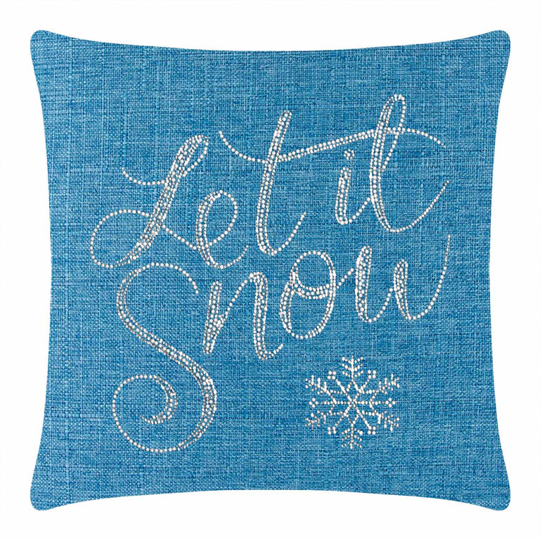 Aqua pillow with a textured fabric featuring silver rhinestones forming the phrase "Let it Snow" and a snowflake design.
