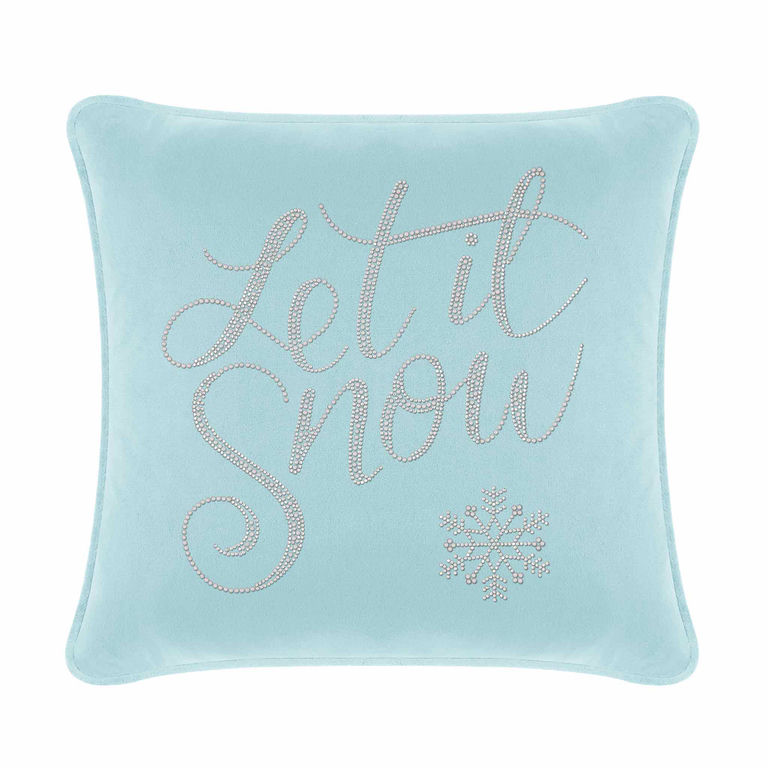 Aqua velvet pillow with "Let it Snow" in glass rhinestones and a snowflake design square shape plush texture.