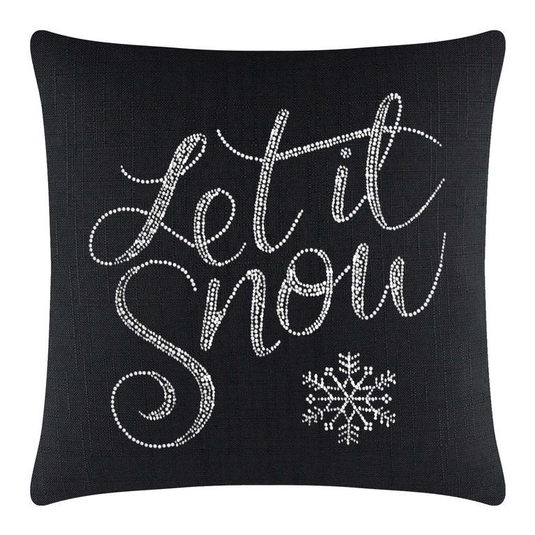 Black square pillow featuring white rhinestone text "Let it Snow" and a white snowflake design on a textured background.