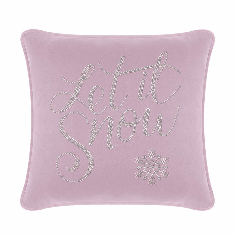 Lavender velvet pillow with glass rhinestones featuring "Let it Snow" text and a snowflake design.