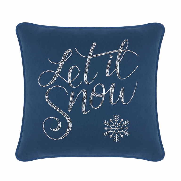 Navy velvet pillow featuring "Let it Snow" in glass rhinestones with a snowflake design.