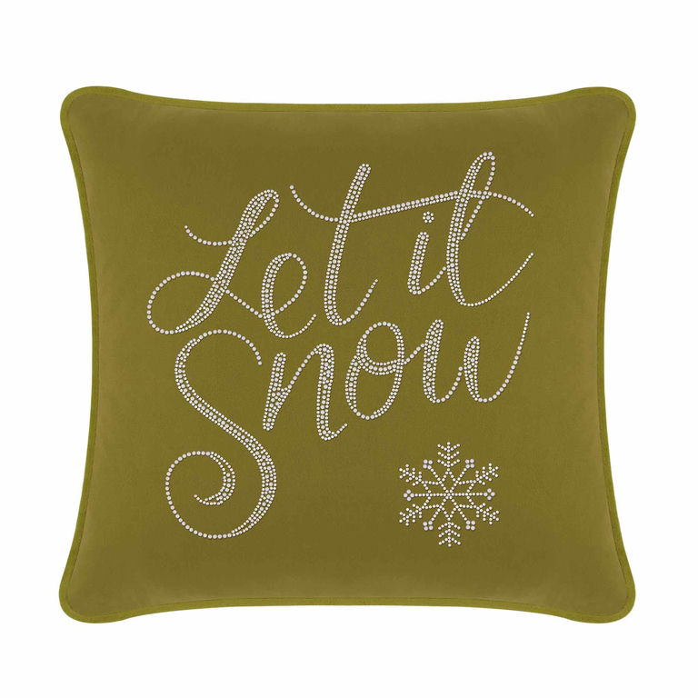 Olive green velvet pillow with "Let it Snow" in glass rhinestones and a rhinestone snowflake design.