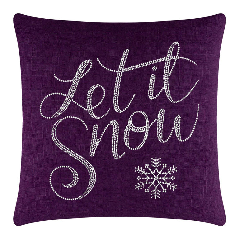 Purple square pillow featuring "Let it Snow" in glass rhinestones and a snowflake design.