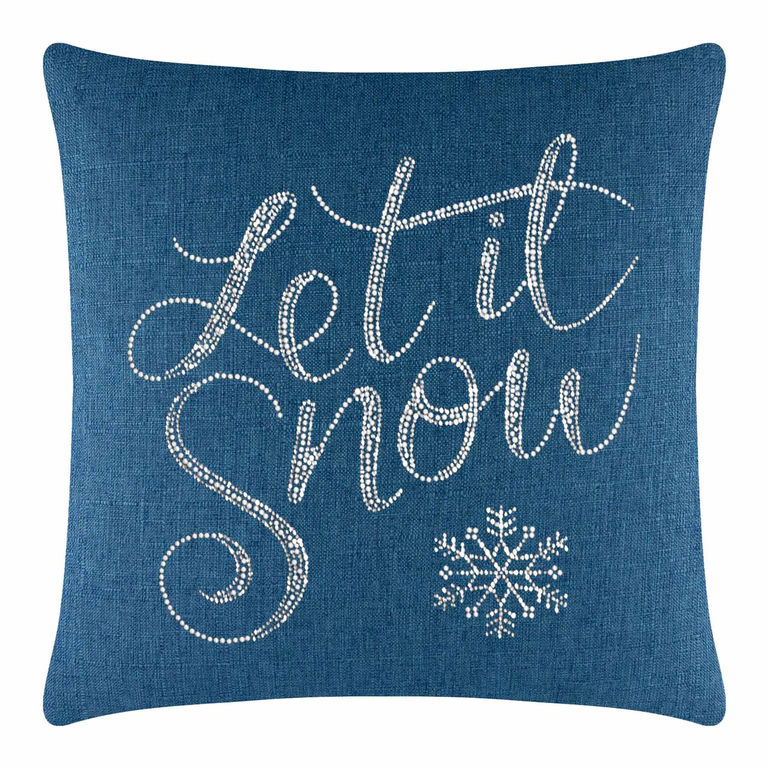 Square pillow with a royal blue textured fabric featuring white glass rhinestones in a snowflake design and script text.