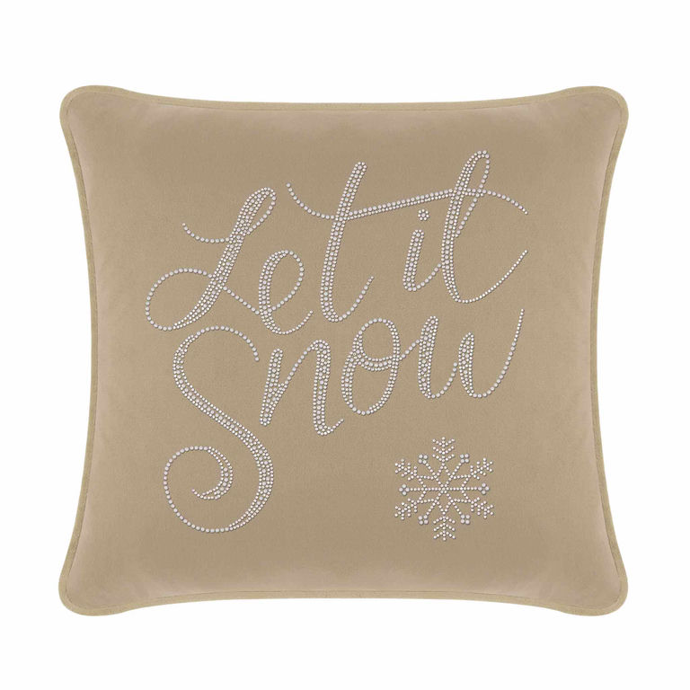 Taupe velvet pillow featuring "Let it Snow" in glass rhinestones and a snowflake design on a plush surface.