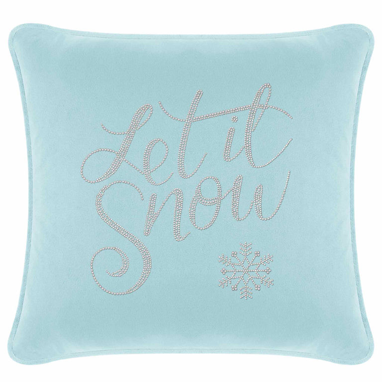 Aqua velvet pillow with "Let it Snow" in glass rhinestones and a snowflake design square shape plush texture.