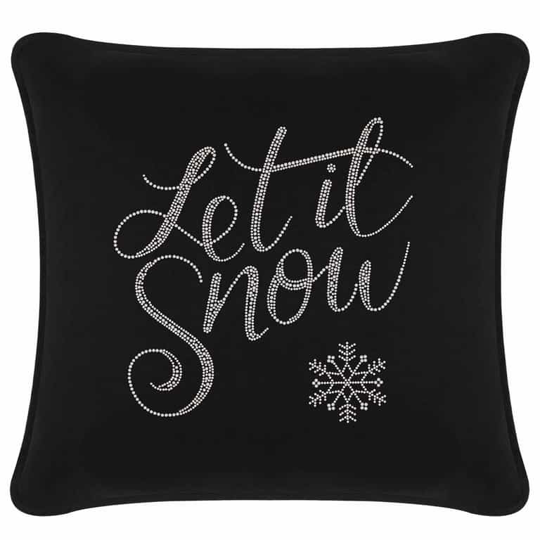 Black velvet pillow featuring "Let it Snow" in glass rhinestones with a snowflake design.
