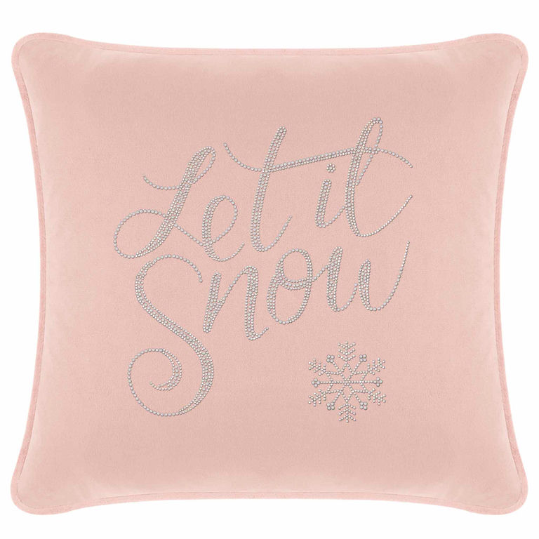 Blush&#x20;velvet&#x20;pillow&#x20;with&#x20;&quot;Let&#x20;it&#x20;Snow&quot;&#x20;in&#x20;glass&#x20;rhinestones&#x20;and&#x20;a&#x20;snowflake&#x20;design&#x20;square&#x20;shape&#x20;plush&#x20;texture.