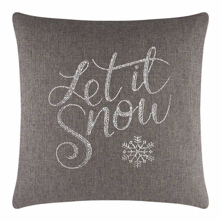 Square brown pillow featuring white glass rhinestones with the phrase "Let it Snow" and a snowflake design.