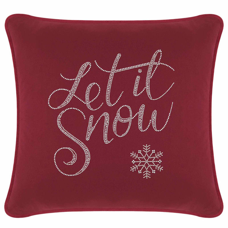 Burgundy velvet pillow with "Let it Snow" in glass rhinestones and a snowflake design square shape plush texture.