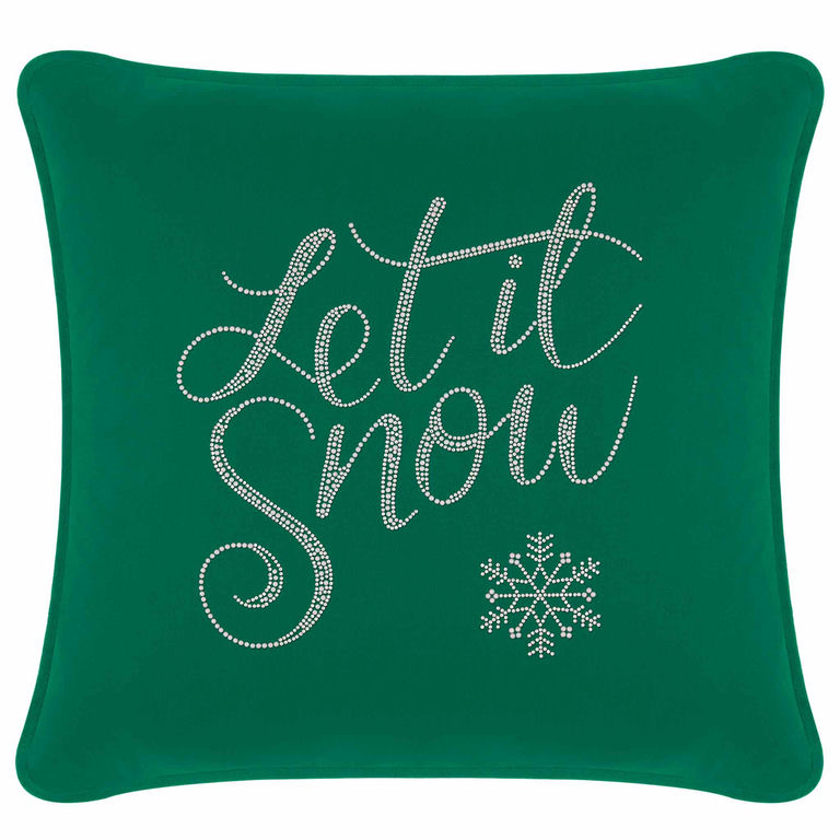 Emerald velvet square pillow featuring silver rhinestone text "Let it Snow" and a snowflake design.