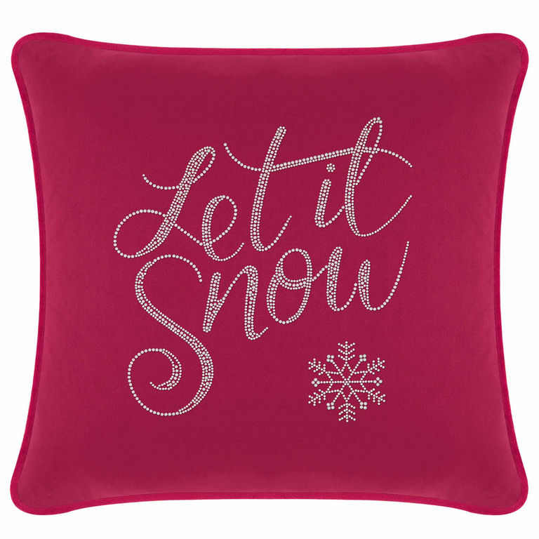 Fuchsia velvet pillow with "Let it Snow" in glass rhinestones and a snowflake design square shape 20x20 inches.