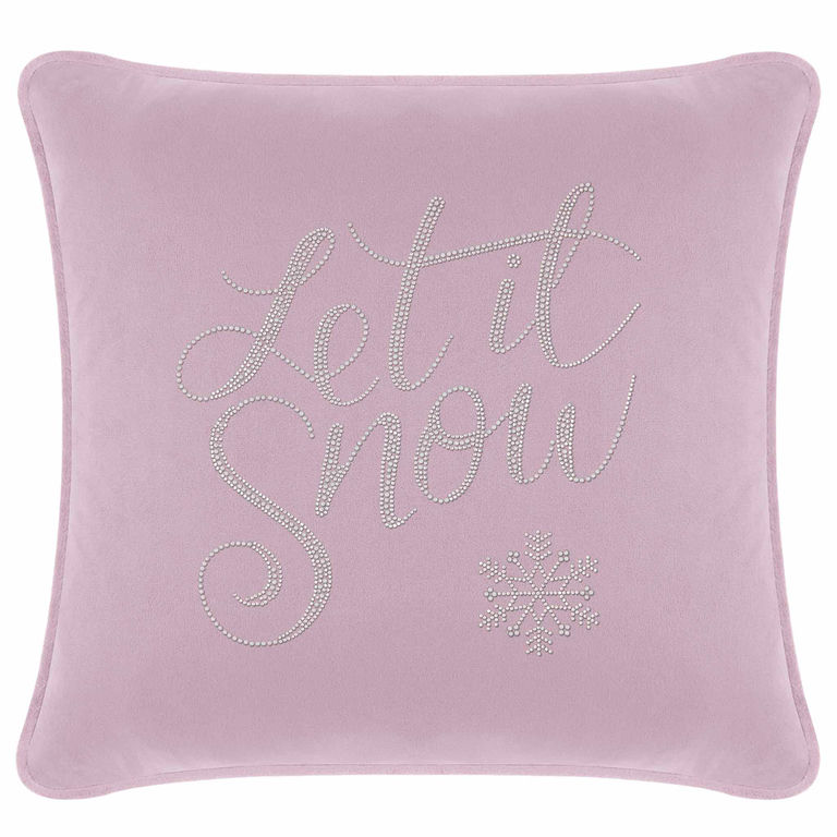 Lavender velvet pillow with glass rhinestones featuring "Let it Snow" text and a snowflake design.