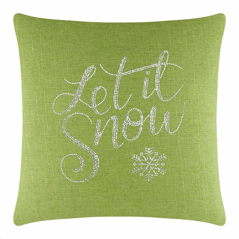 Lime green square pillow with "Let it Snow" in glass rhinestones and a snowflake design on a textured fabric surface.