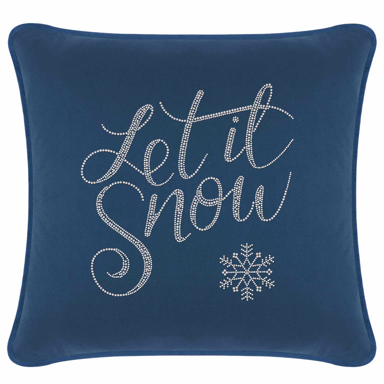 Navy velvet pillow featuring "Let it Snow" in glass rhinestones with a snowflake design square shape plush texture.