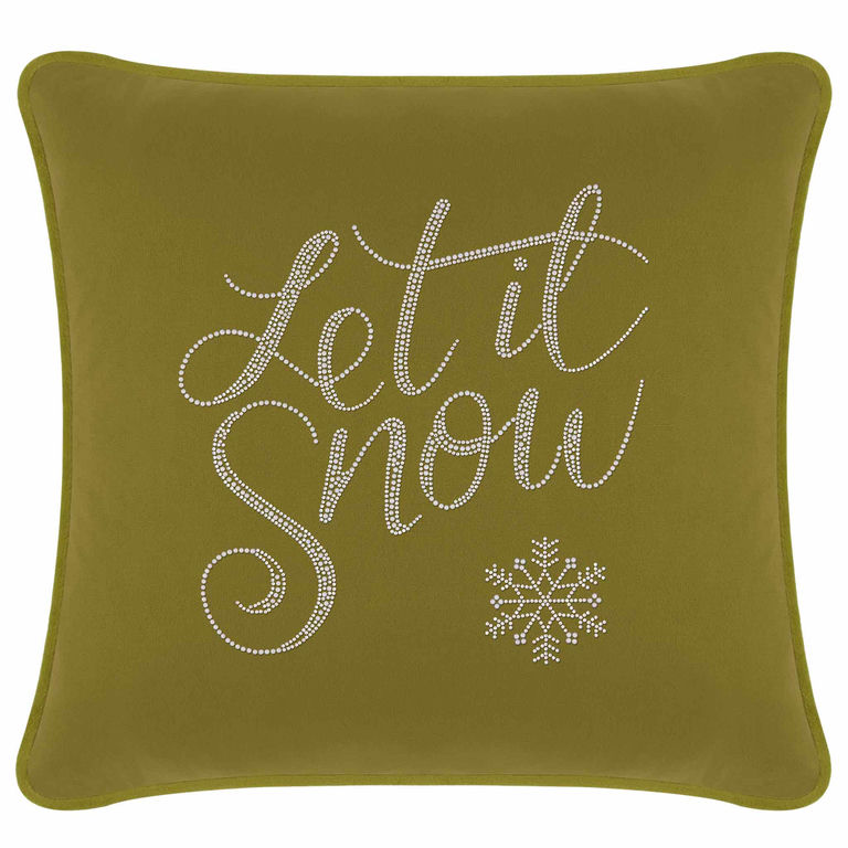 Olive green velvet pillow featuring "Let it Snow" in glass rhinestones and a snowflake design in the bottom corner.