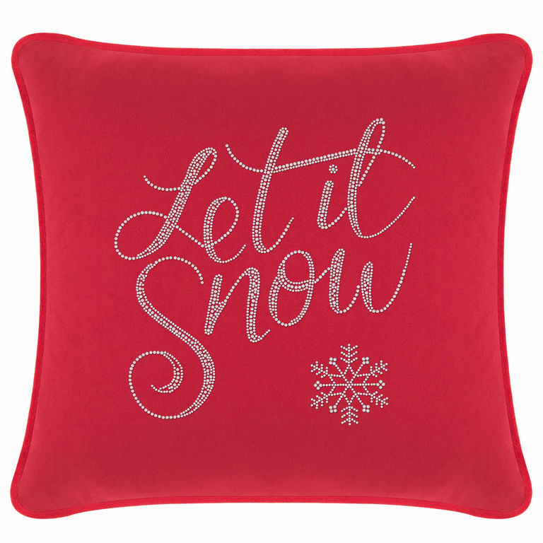 Red velvet square pillow featuring "Let it Snow" in glass rhinestones and a snowflake design.