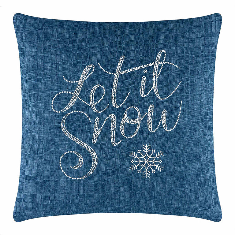 Square blue pillow featuring "Let it Snow" in glass rhinestones with a snowflake design.