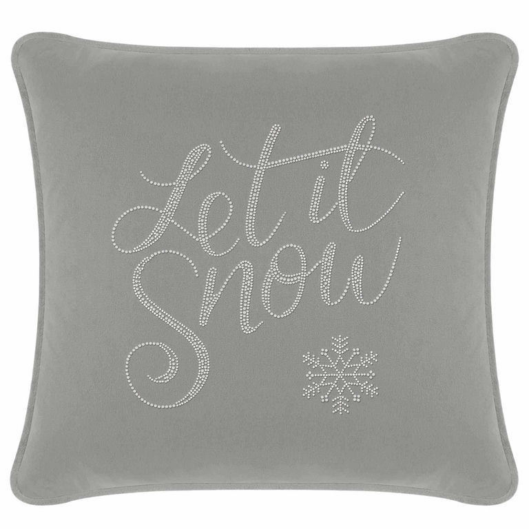 Square silver velvet pillow featuring "Let it Snow" in glass rhinestones and a snowflake design in the center.