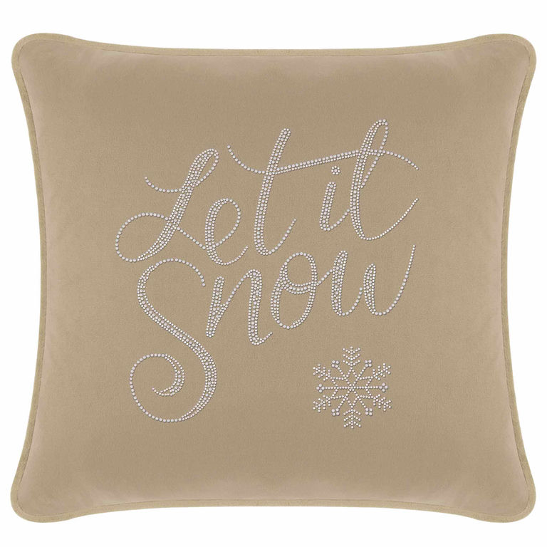 Taupe velvet pillow featuring "Let it Snow" in glass rhinestones with a snowflake design in the lower corner.