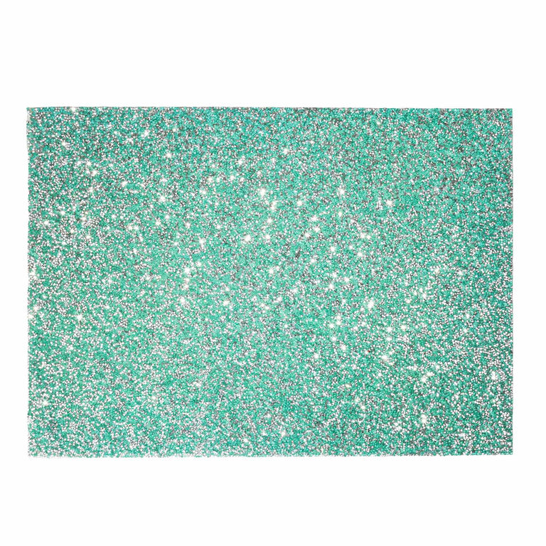 Aqua rectangular placemat with a textured surface embellished with sparkling rhinestones throughout.