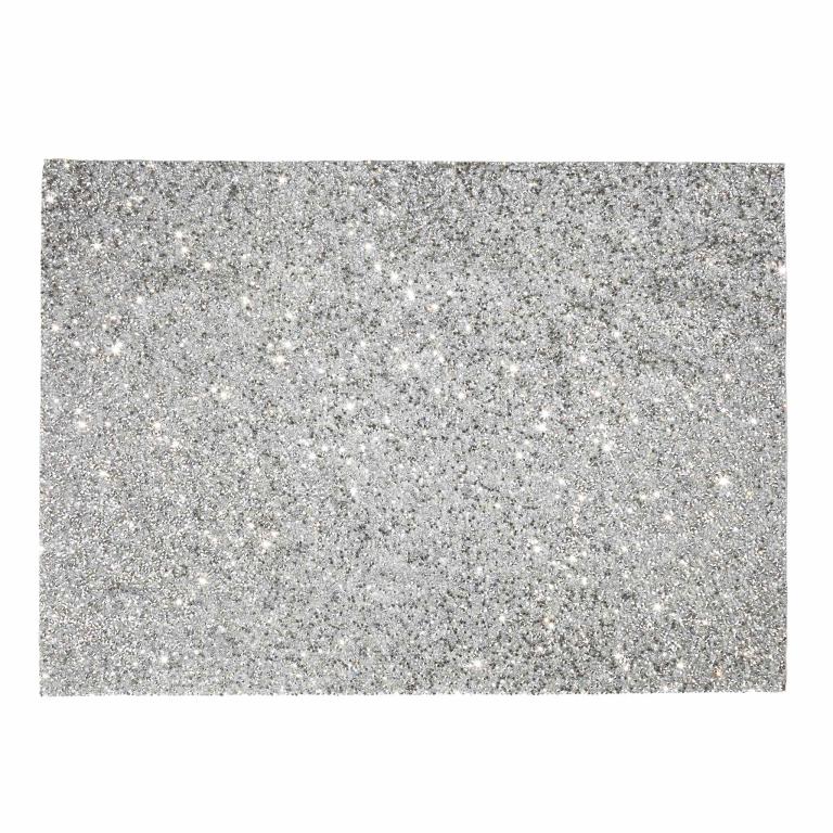 Silver rectangular placemat with a textured surface embellished with sparkling rhinestones throughout.