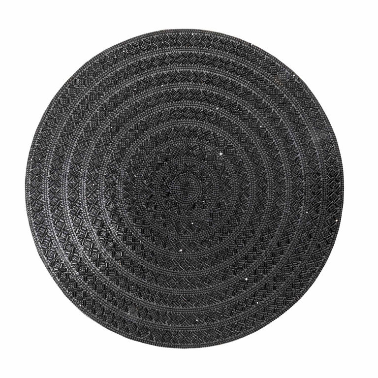 Round black placemat with a textured woven pattern and sparkling rhinestone embellishments made of durable resin with felt backing.