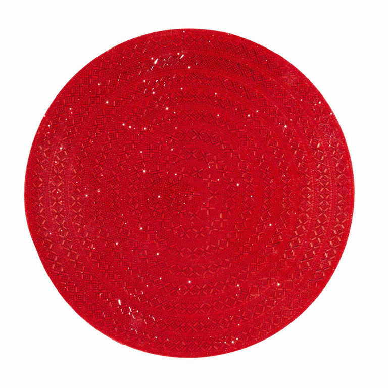 Round red placemat with textured pattern and subtle sheen featuring a raised diamond design and a smooth surface.