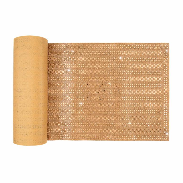 Gold table runner with glass rhinestones arranged in an X-pattern featuring a textured surface and a shimmering finish.