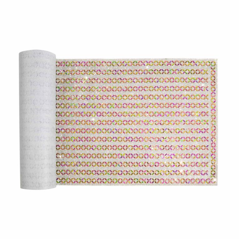 A silver table runner featuring glass rhinestones in an X-pattern with pink green and yellow accents.