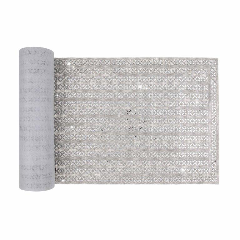 Silver table runner featuring glass rhinestones in an X-pattern smooth texture and a folded edge design.