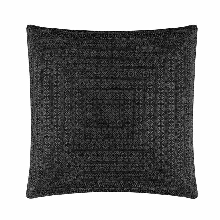 Black velvet pillow with intricate textured patterns and a plush feel featuring a square shape and no visible embellishments.