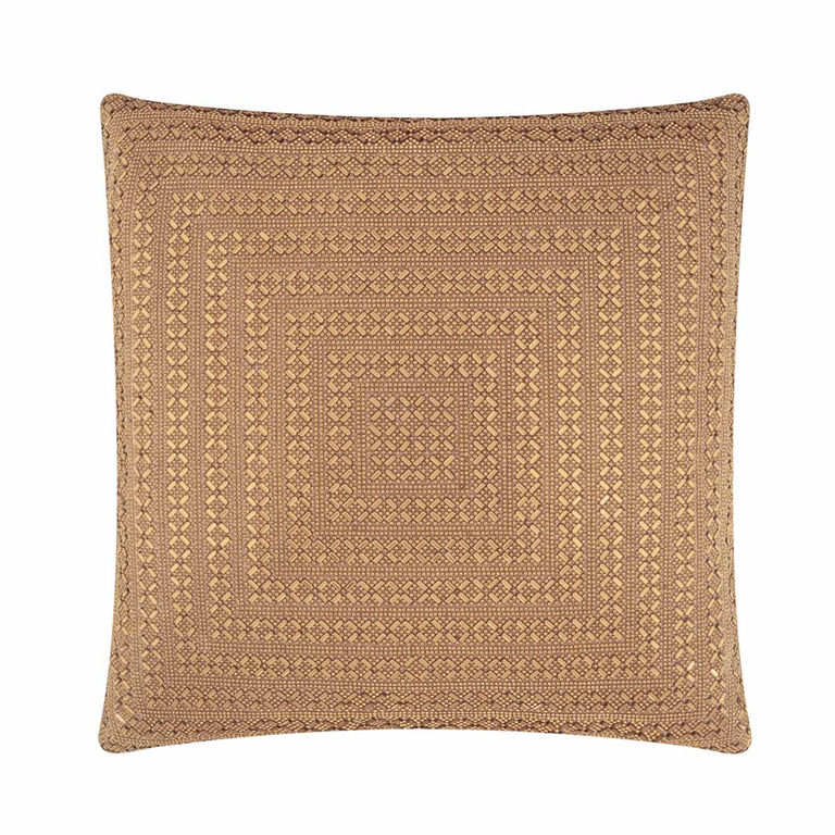 Gold square pillow featuring intricate rhinestone design on a textured surface with plush velvet backing.