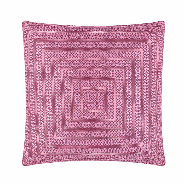 Pink square pillow with intricate rhinestone design and soft velvet texture.