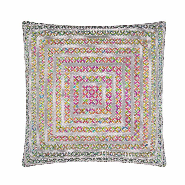 Square pillow with a white background intricate multicolored rhinestone design in pink green and gold patterns.