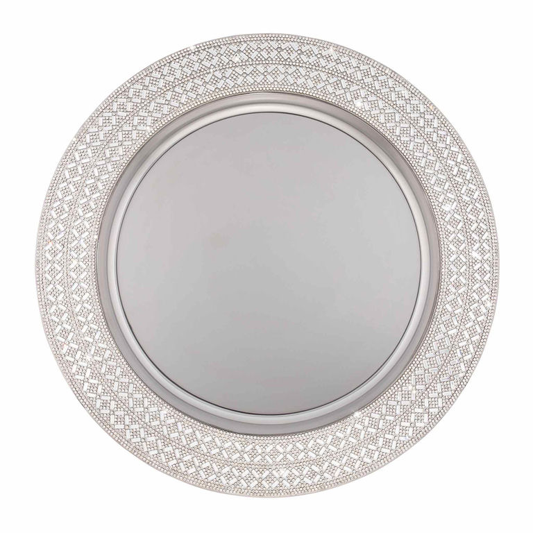 A 13" round stainless steel charger plate with a shiny silver center and a crisscross rhinestone pattern around the edge.