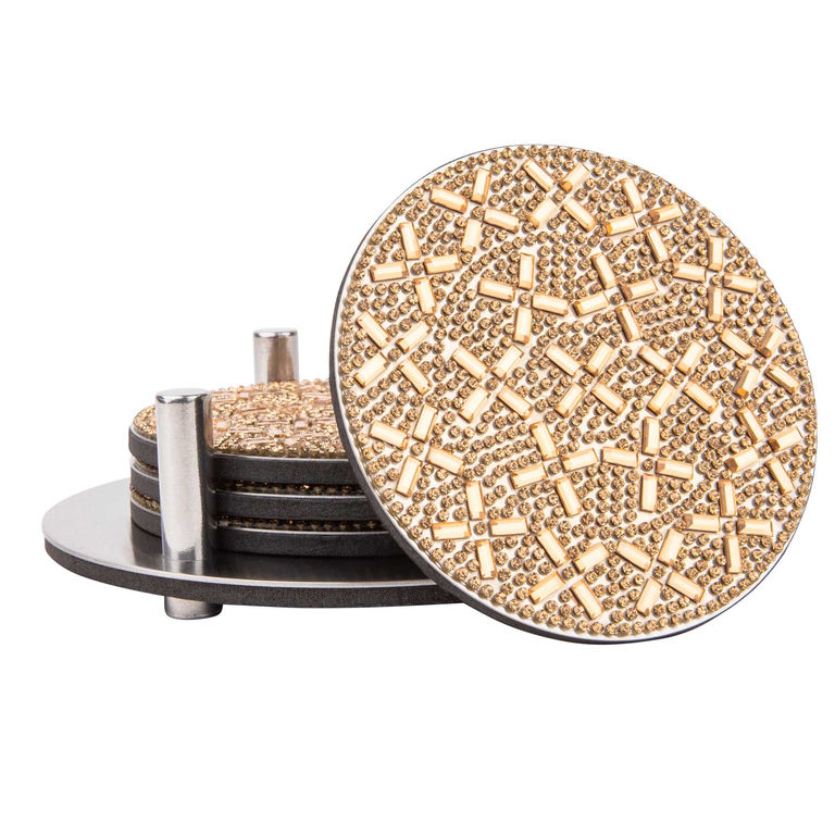 Round stainless steel coaster set with gold rhinestone embellishments featuring a textured pattern and a circular holder.