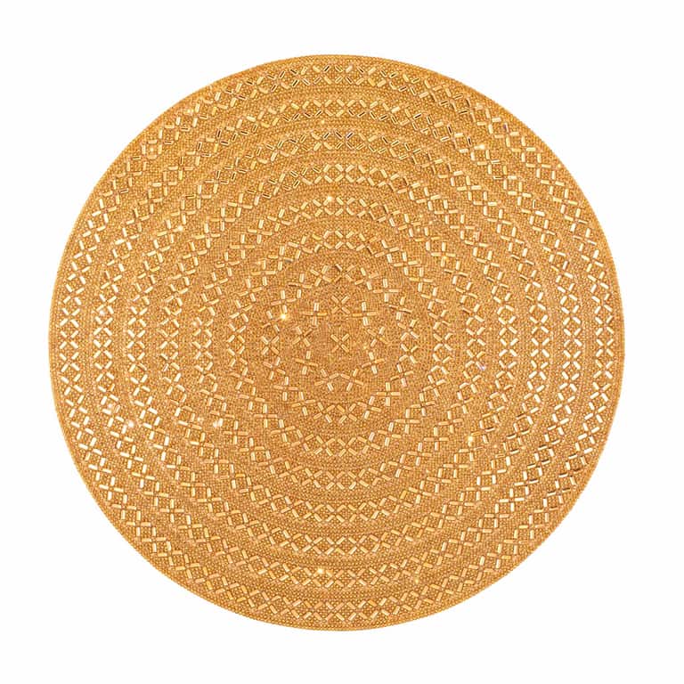Round gold placemat featuring a textured pattern of concentric circles and diamond shapes made of durable resin with a felt backing.