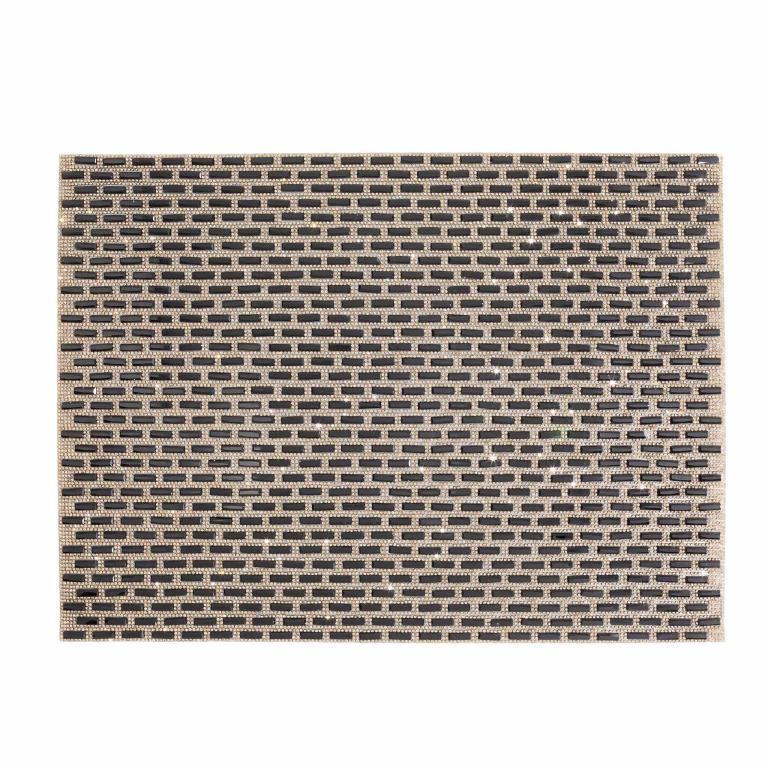Black placemat with a subway tile design embellished with glass stones featuring a felt backing and measuring 18"x13"x0.25".