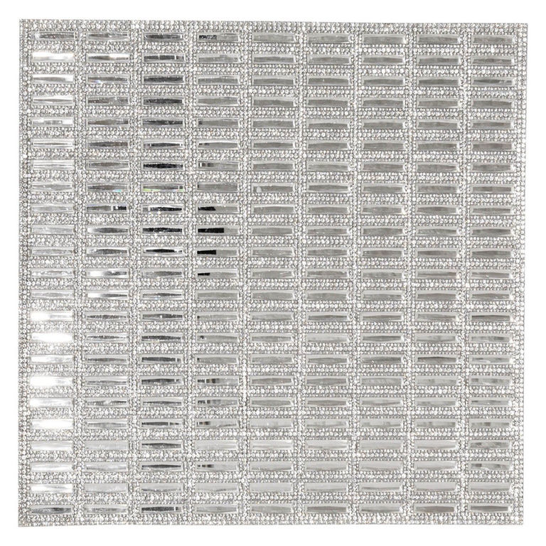 Silver placemat featuring rectangular mirrored sections bordered by sparkling rhinestones arranged in a grid pattern.