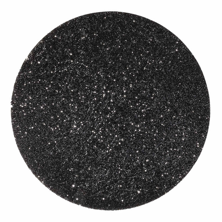 Round&#x20;black&#x20;placemat&#x20;with&#x20;a&#x20;textured&#x20;surface&#x20;featuring&#x20;vibrant&#x20;rhinestones&#x20;embedded&#x20;throughout.