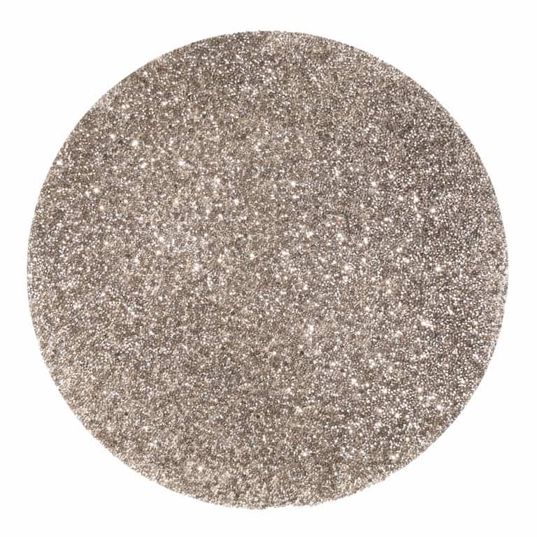 Round charcoal placemat with a textured surface embellished with vibrant rhinestones for added sparkle.