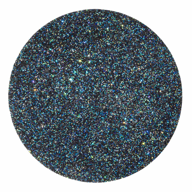 Round placemat with a peacock iridescent finish featuring a textured surface covered in vibrant rhinestones and shades of blue and green.