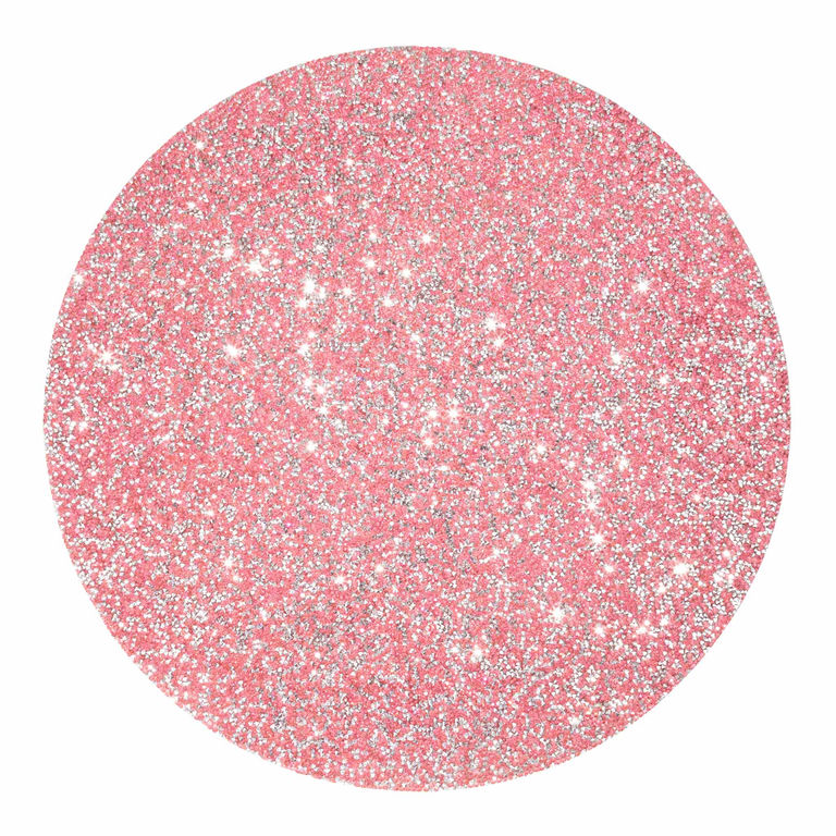 Round pink placemat covered in vibrant rhinestones with a textured sparkling surface.