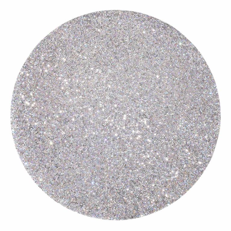 Round placemat with a silver iridescent surface featuring a sparkling texture and vibrant rhinestone embellishments.