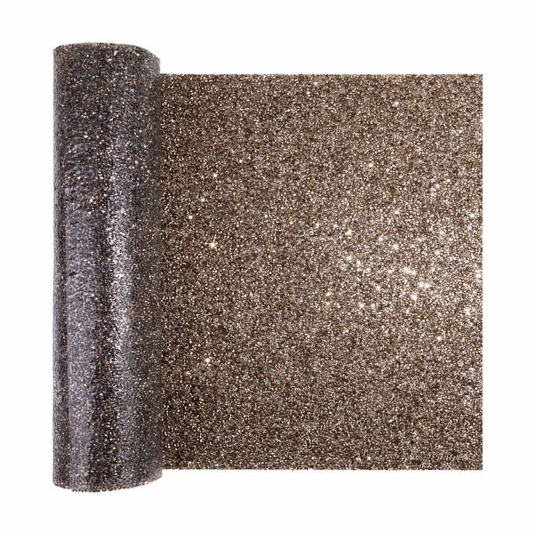 Charcoal table runner with a textured surface featuring sparkling rhinestones in various colors wavy edges.