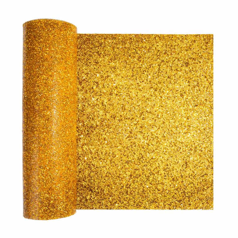 Gold&#x20;table&#x20;runner&#x20;with&#x20;a&#x20;shimmering&#x20;textured&#x20;surface&#x20;featuring&#x20;sparkling&#x20;glitter&#x20;embellishments&#x20;throughout.